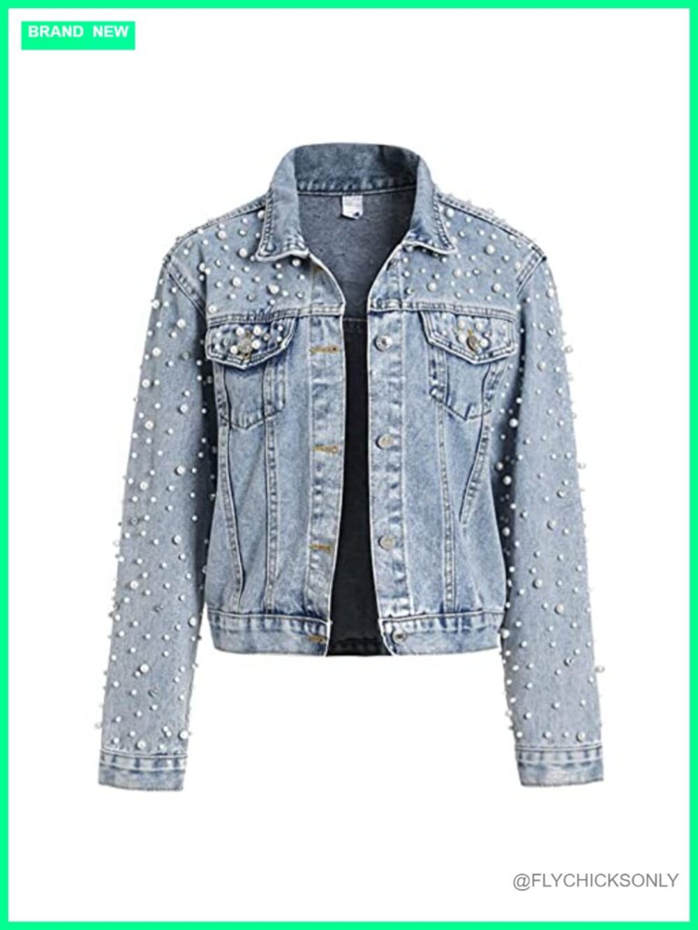 LifeShe Women's Pearls Denim Jacket Cropped Rhinestones Jean Jacket Coat